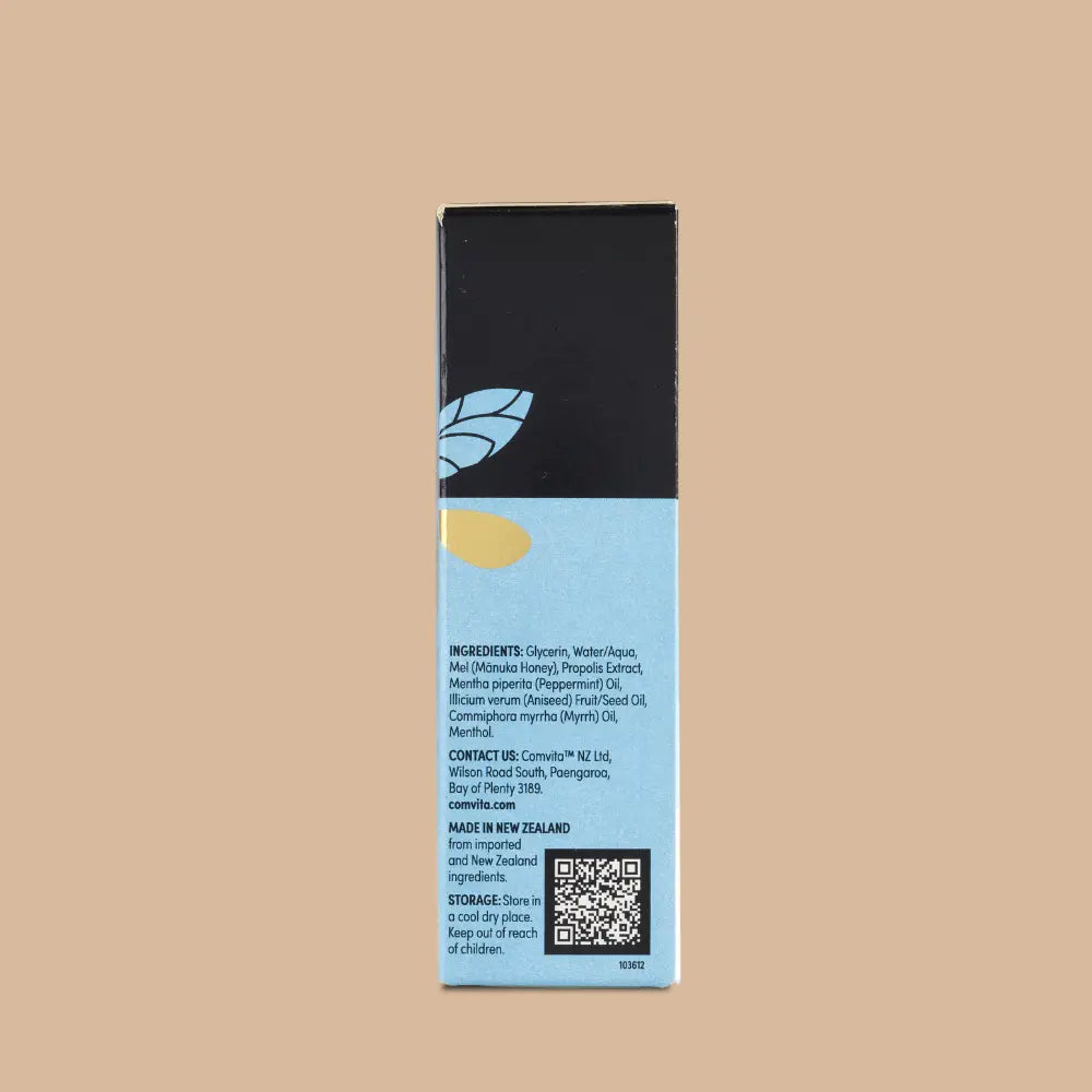 Bee Propolis Throat Spray side of box with ingredients and QR code on a brown background