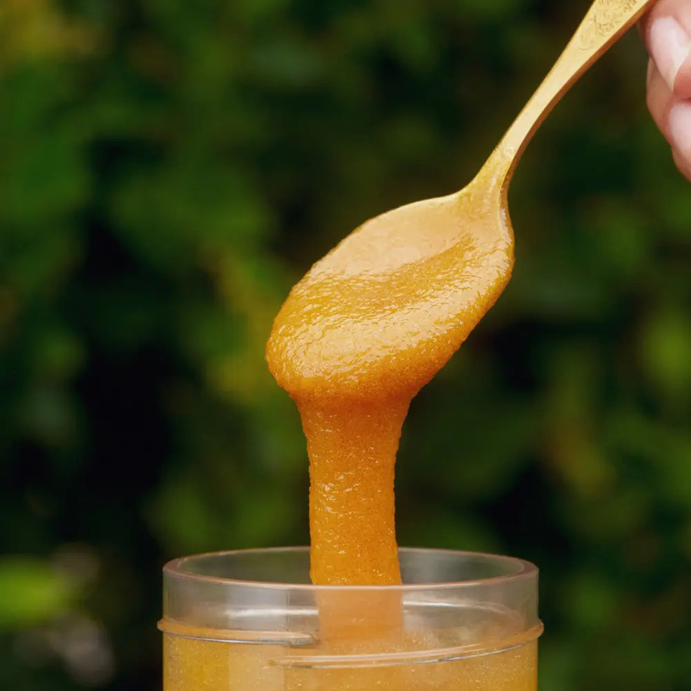 Spoonful of honey being lifted from a container with a blurred green background