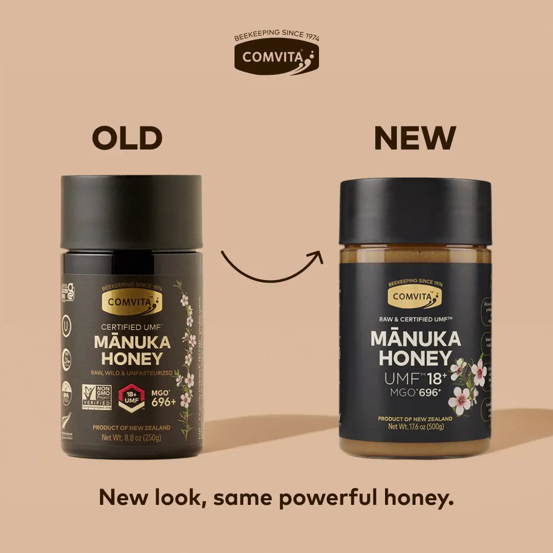 Comparison of an old and new Comvita Manuka Honey packaging on a beige background.