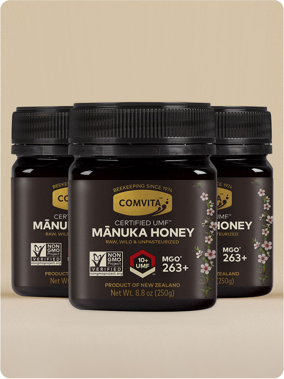 three jars of umf 10 manuka honey 8.8 oz