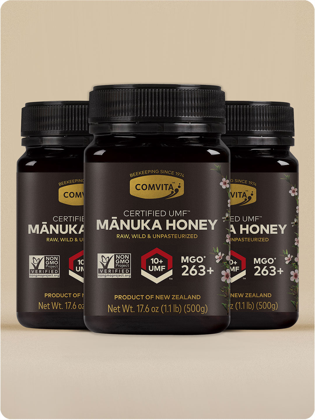 three jars of umf 10 manuka honey 17.6 oz