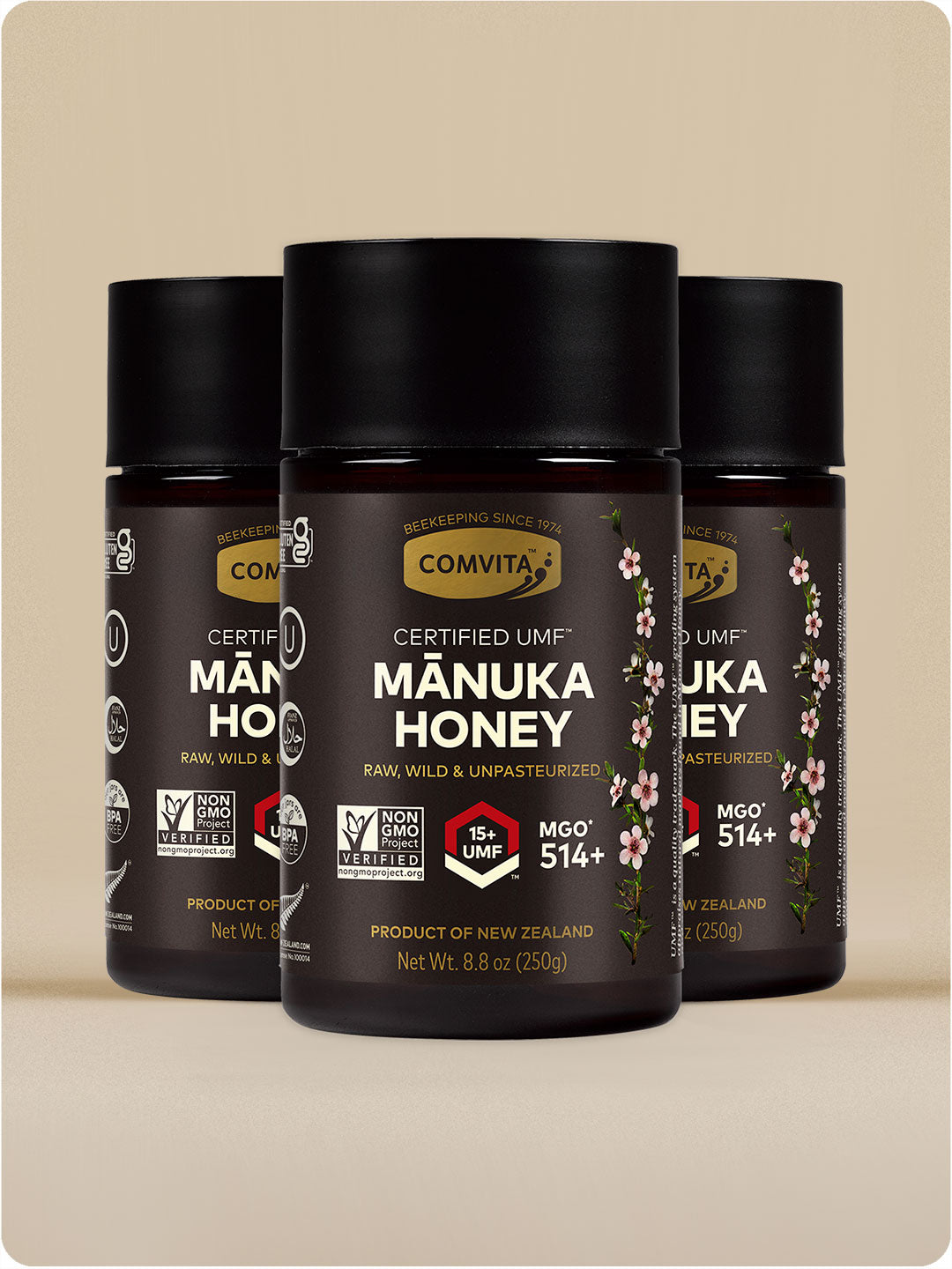 three umf 15 manuka honey jars