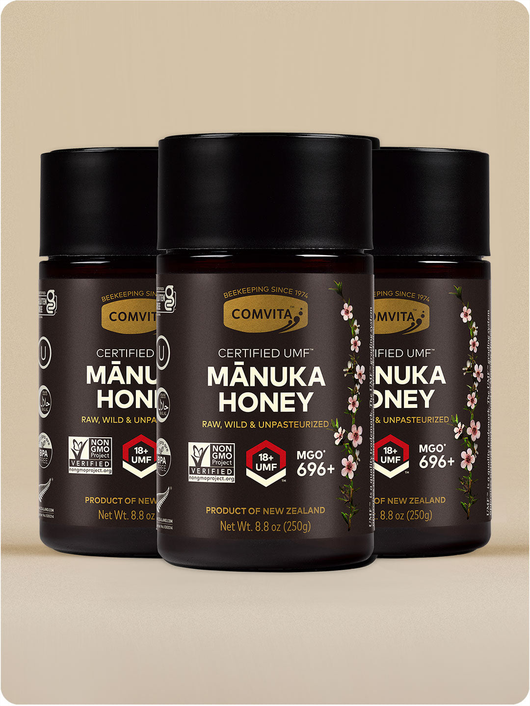 three umf 18 manuka honey jars