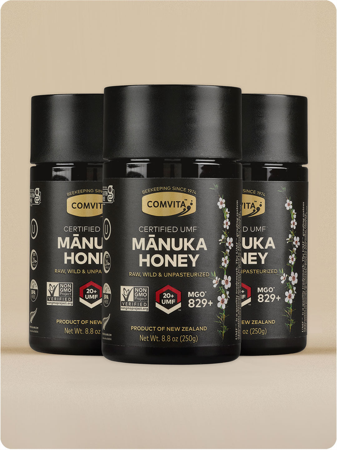 three umf 20 manuka honey jars