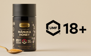 umf 18 jar of honey and spoon with icons