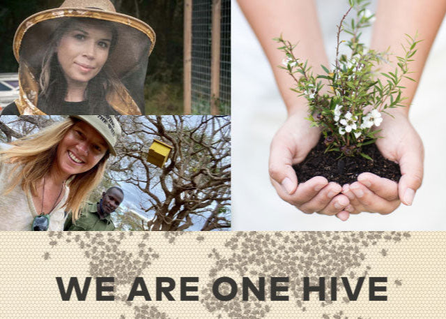 beekeeper selfie photo of lady with tree in background and hands holding soil with the words spelled out "we are one hive"