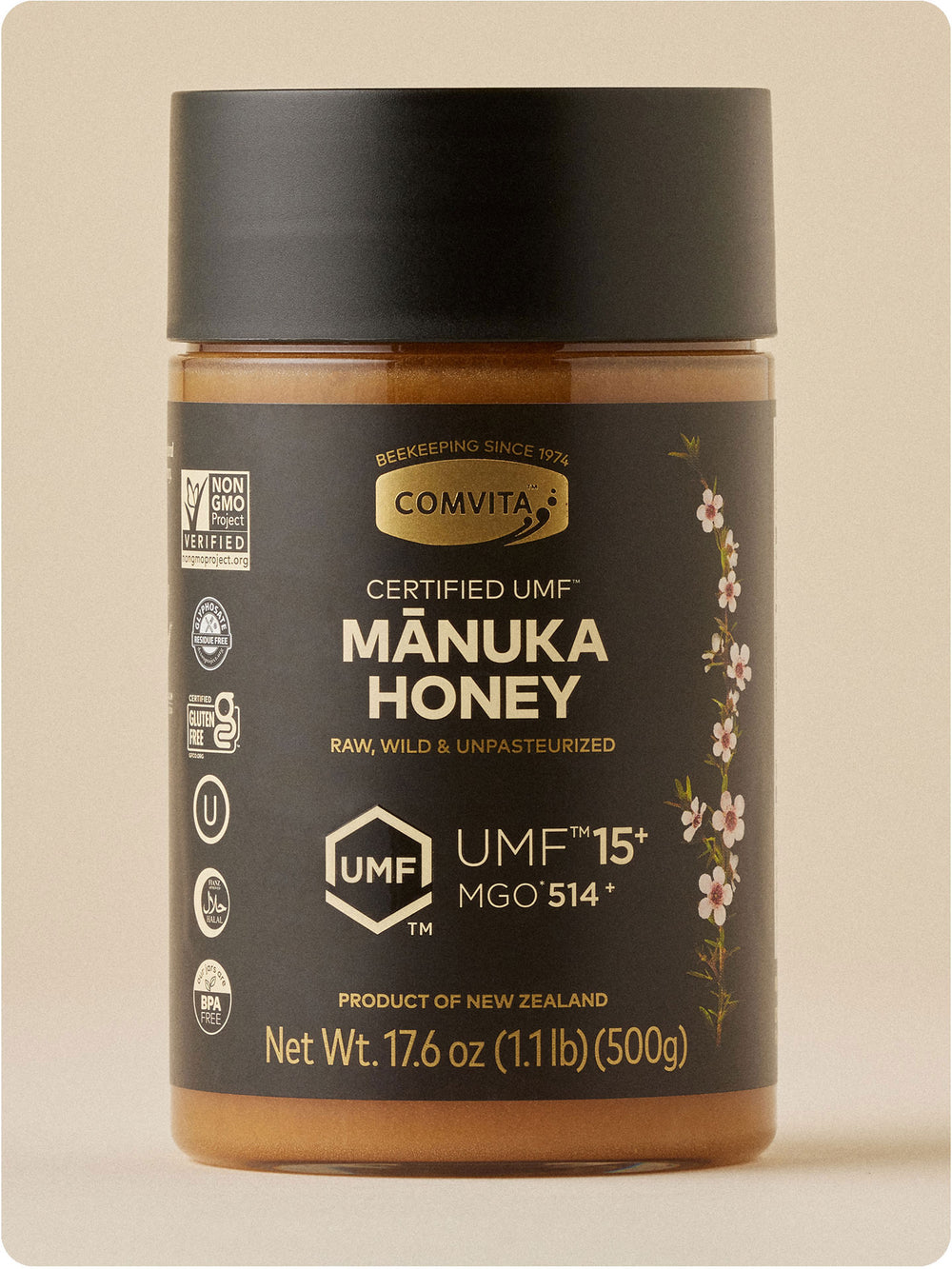 umf 15 manuka honey jar 17.6 oz front