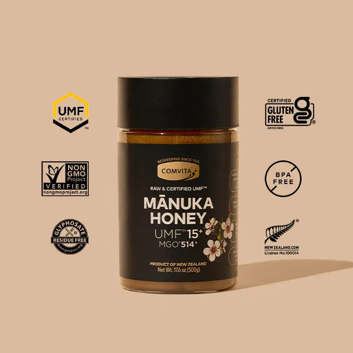 Jar of Manuka Honey with various certification logos on a beige background