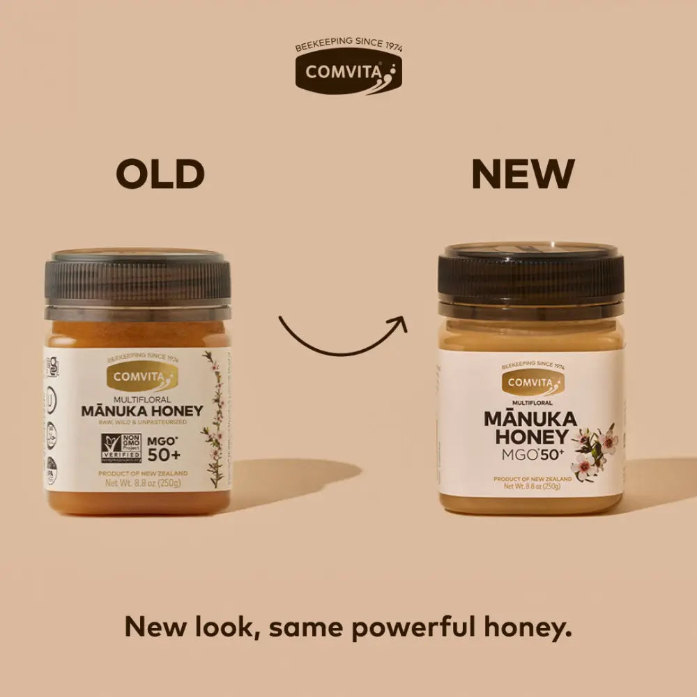 Two jars of Comvita Manuka Honey labeled 'Old' and 'New' on a beige background.