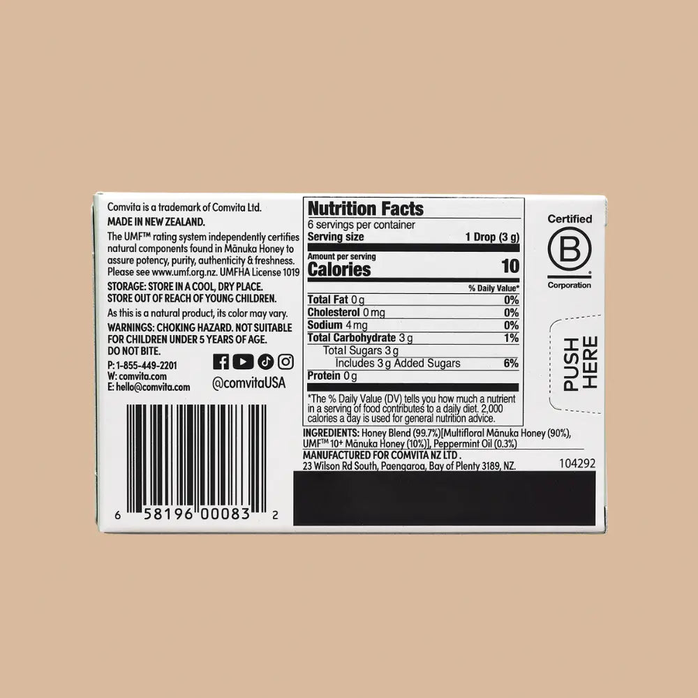 Nutrition label on a product packaging with a brown background