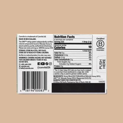 Nutrition label on a product packaging with a brown background