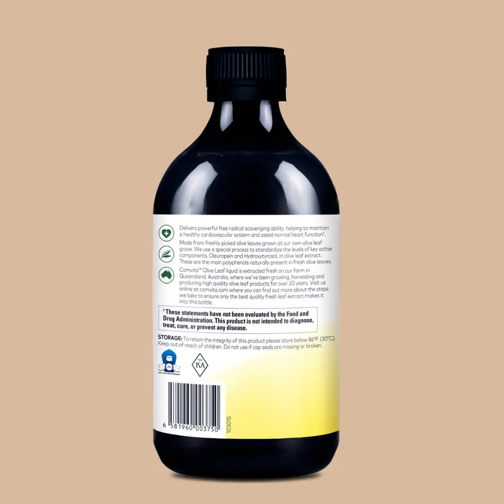 Side of Olive Leaf Extract bottle with a label on a beige background