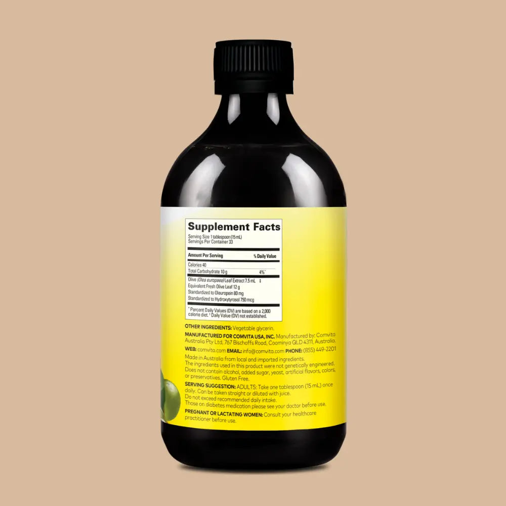Back of Olive Leaf Extract Bottle listing supplement facts with yellow label on a beige background