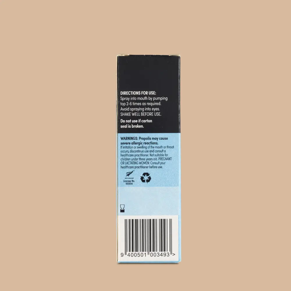 Comvita Bee Propolis Throat Spray back of box with directions for use on a beige background