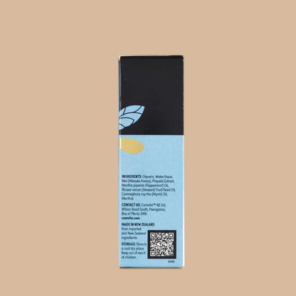 Bee Propolis Throat Spray side of box with ingredients and QR code on a brown background