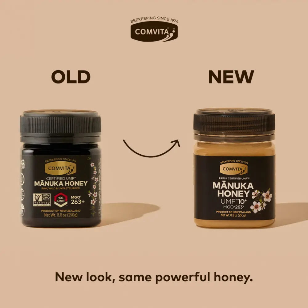 Two jars of Comvita Manuka Honey, one labeled 'Old' and the other 'New', on a beige background.