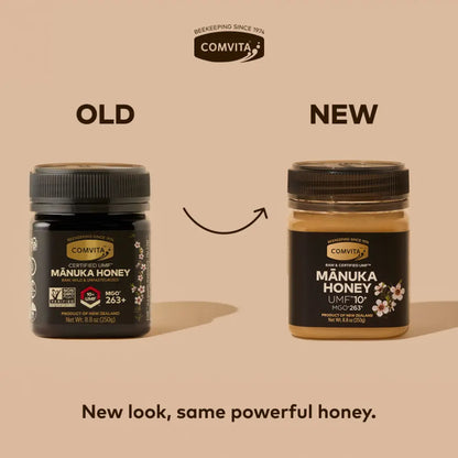 Two jars of Comvita Manuka Honey, one labeled 'Old' and the other 'New', on a beige background.