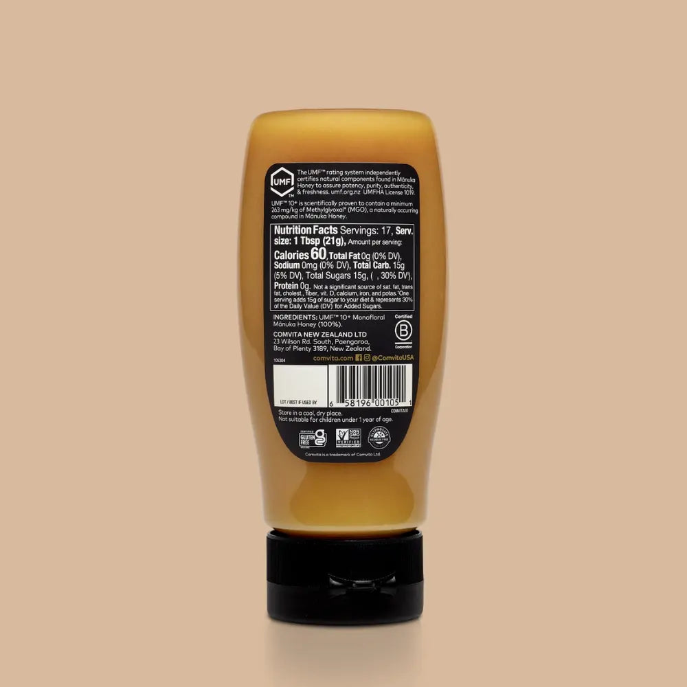 back of Manuka Honey squeeze bottle with nutrition label
