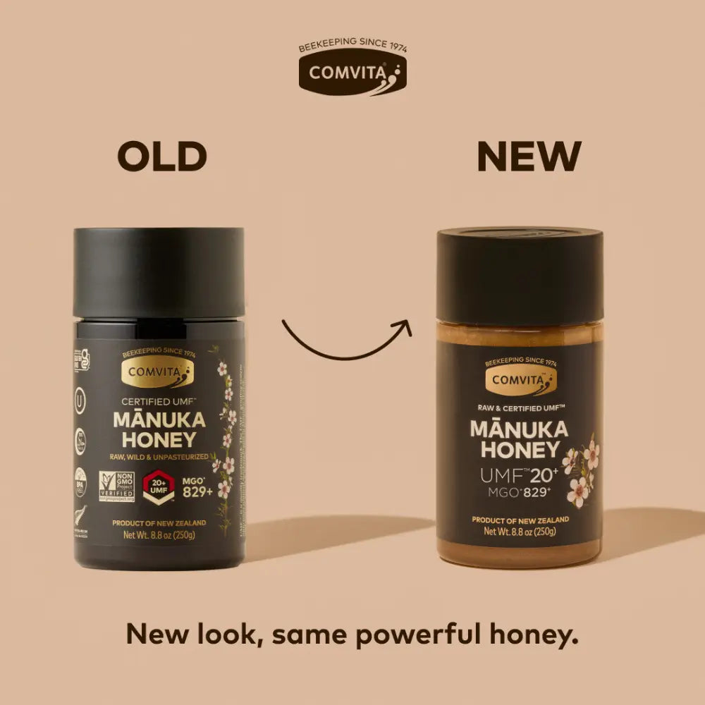 Two jars of Comvita Manuka Honey labeled 'Old' and 'New' on a beige background.