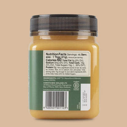 Jar of Manuka Honey with a nutrition facts label on a beige background