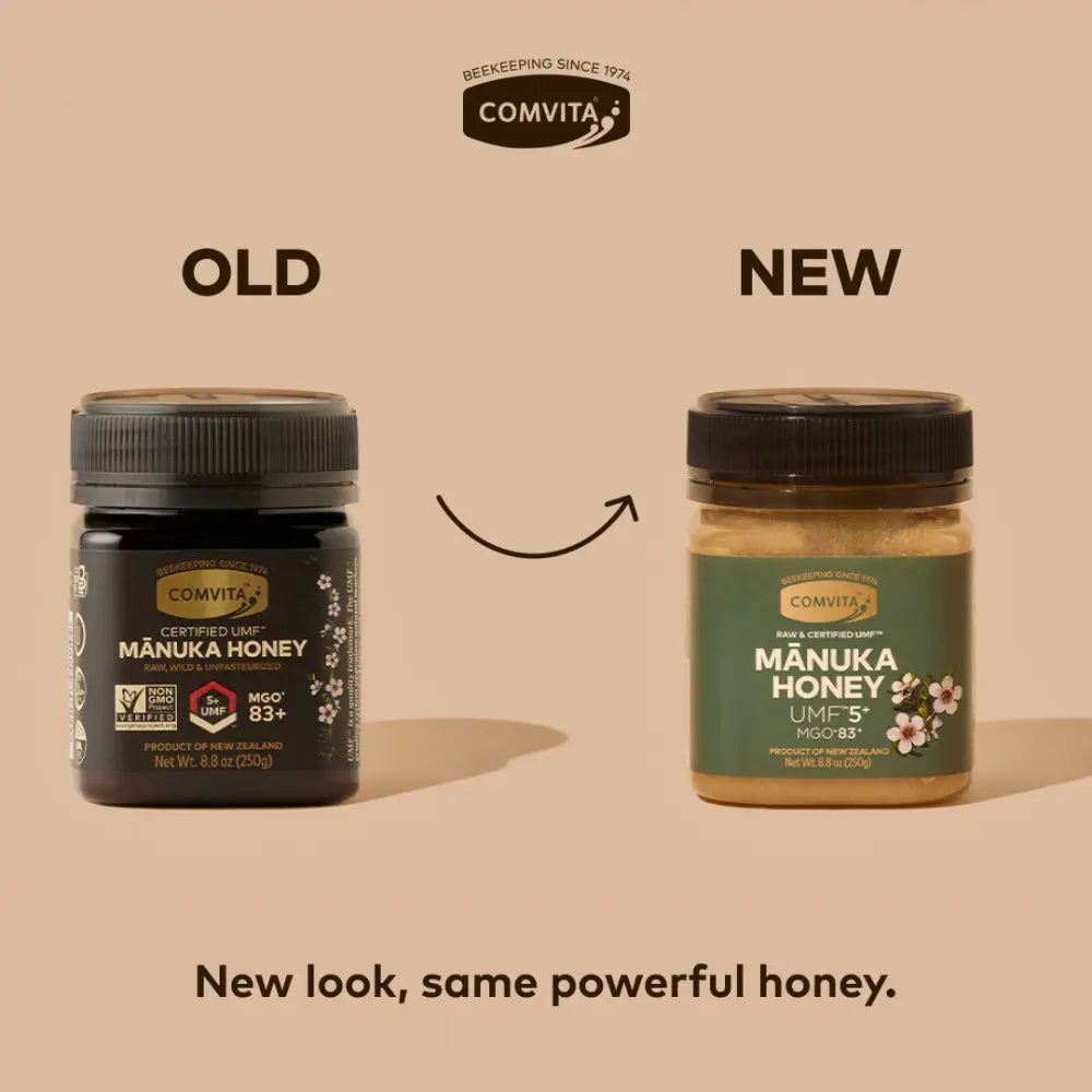Comparison of an old and new Comvita Manuka Honey jar on a beige background.