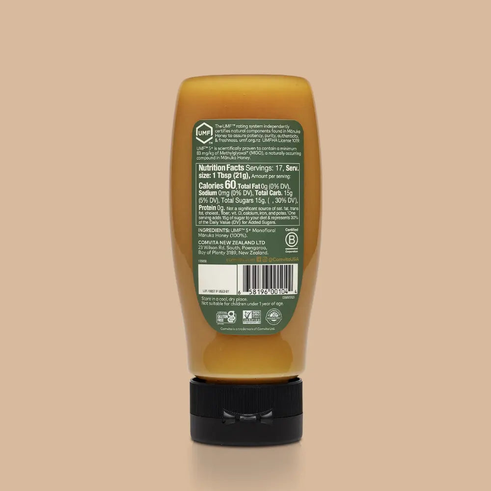 Back of Manuka Honey Squeeze Bottle with nutrition facts