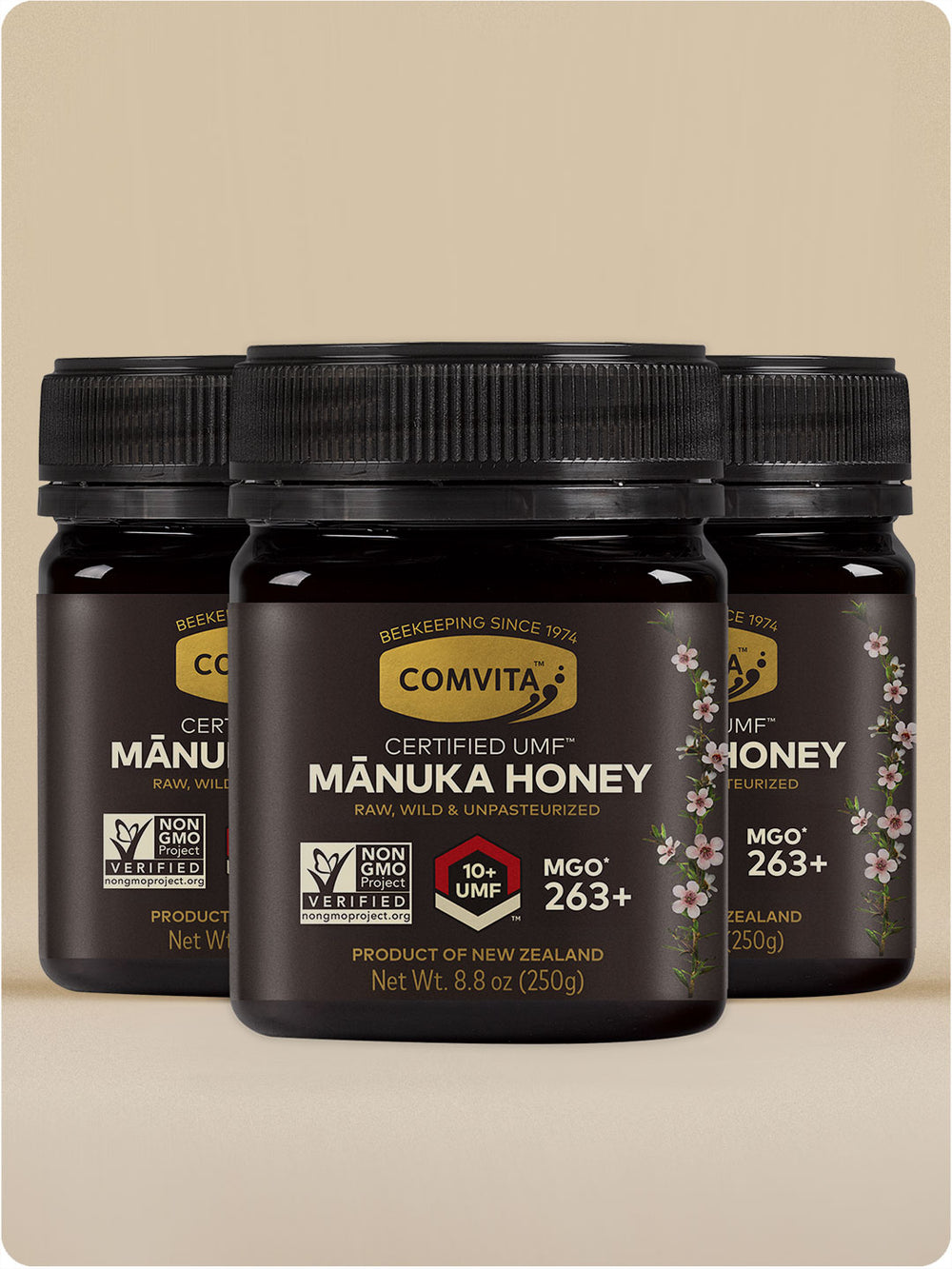 three jars of umf 10 manuka honey 8.8 oz