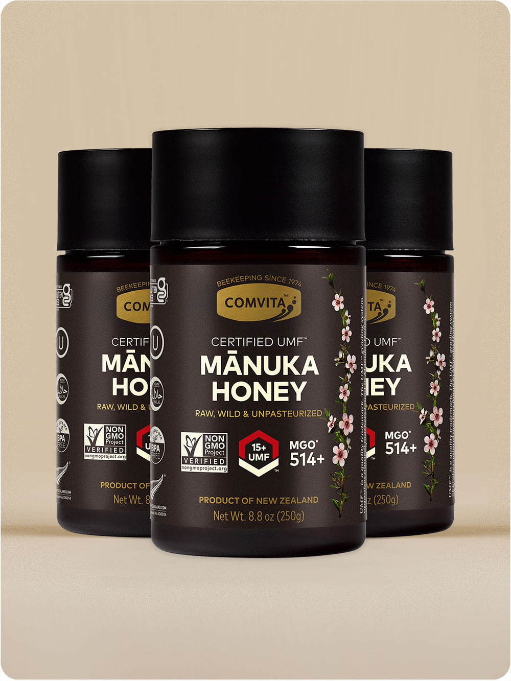 three umf 15 manuka honey jars