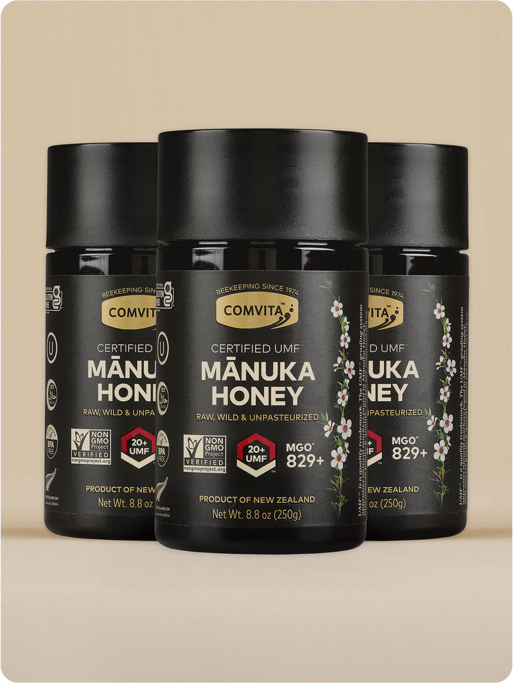 three umf 20 manuka honey jars